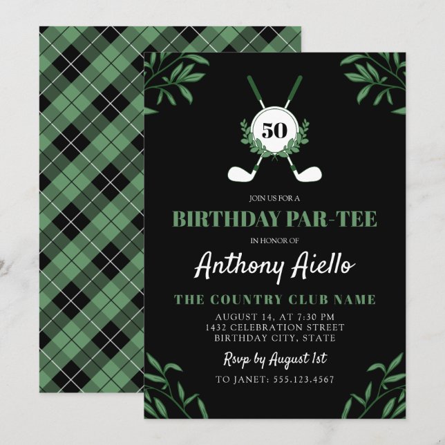 Invitación Black Greenery Golf Themed Birthday Par-Tee (Anverso / Reverso)