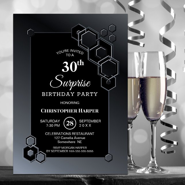 Invitación Black Grey Geometric Surprise 30th Birthday Party (Subido por el creador)