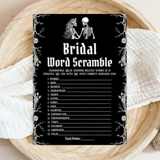 Invitación Black Halloween Skeleton Bridal Word Scramble Game (Black Halloween Skeleton Bridal Word Scramble Game)