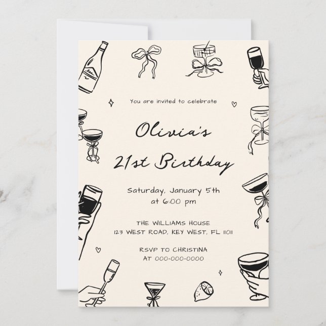 Invitación Black Hand Drawn Adult Birthday Party  (Anverso)