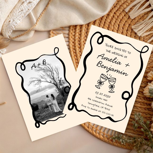 Invitación Black hand drawn champagne Whimsical Wedding  (Subido por el creador)