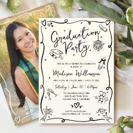 Invitación Black Hand Drawn Doodle Photo Graduate Party Cream