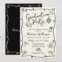 Invitación Black Hand Drawn Doodles Graduation Party Cream