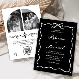 Invitación Black Hand Drawn White Bow QR Code Photo Wedding