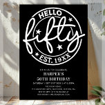 Invitación Black Hello Fifty 50th Birthday<br><div class="desc">Celebre un fabuloso cumpleaños número 50 con una invitación elegante que presenta una atractiva tipografía blanca atrevida con audacia contra un elegante fondo negro. El frente anuncia orgullosamente "Hola Cincuenta", invitando a los invitados a unirse a la diversión. Personalízalo más añadiendo tu año de nacimiento, haciéndolo único tuyo. Al revés,...</div>