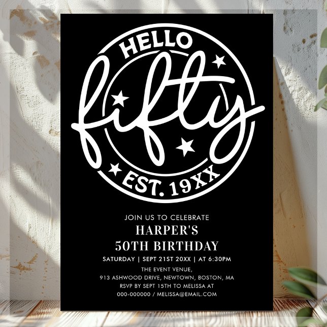 Invitación Black Hello Fifty 50th Birthday (Subido por el creador)