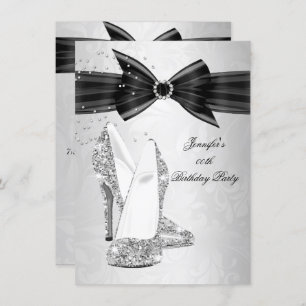 Invitación Black High Heel Shoe Silver Diamond Birday Party
