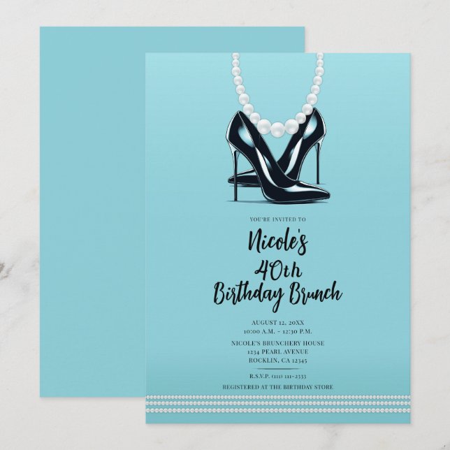 Invitación Black High Heels Pearls Turquoise Birthday Brunch (Anverso / Reverso)