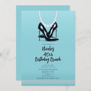 Invitación Black High Heels Pearls Turquoise Birthday Brunch