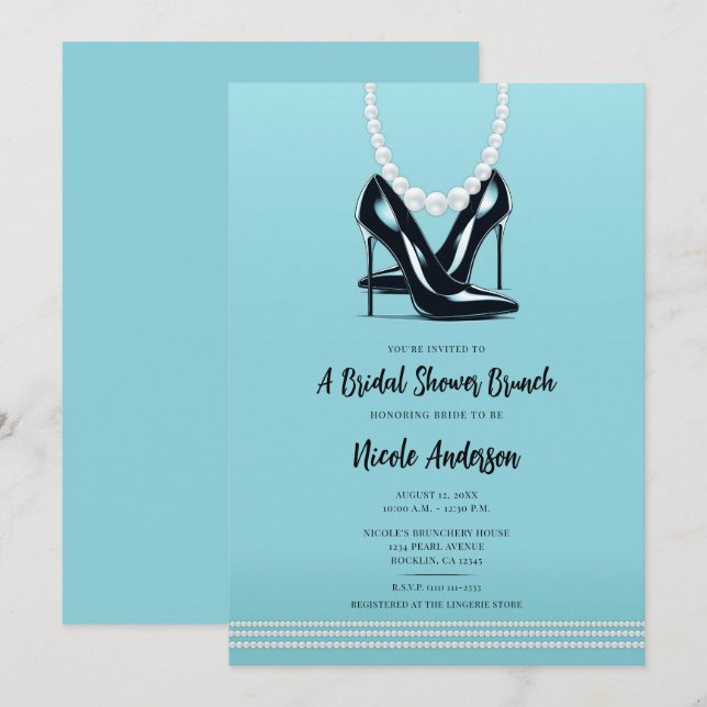Invitación Black High Heels & Pearls Turquoise Bridal Brunch (Anverso / Reverso)