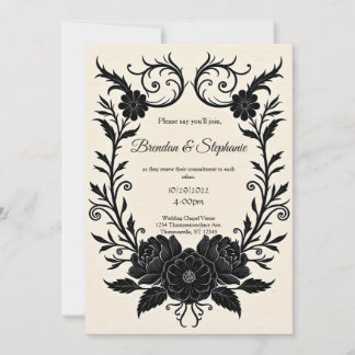 Invitación Black Ink Floral Vintage Goth Wedding