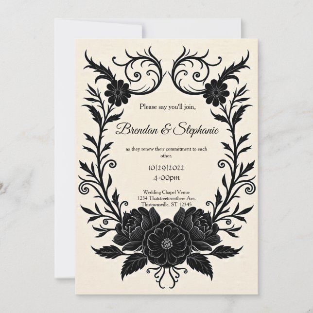 Invitación Black Ink Floral Vintage Goth Wedding (Anverso)