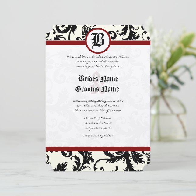 Invitación Black  Ivory & Maroon Damask Wedding  (Anverso de pie)