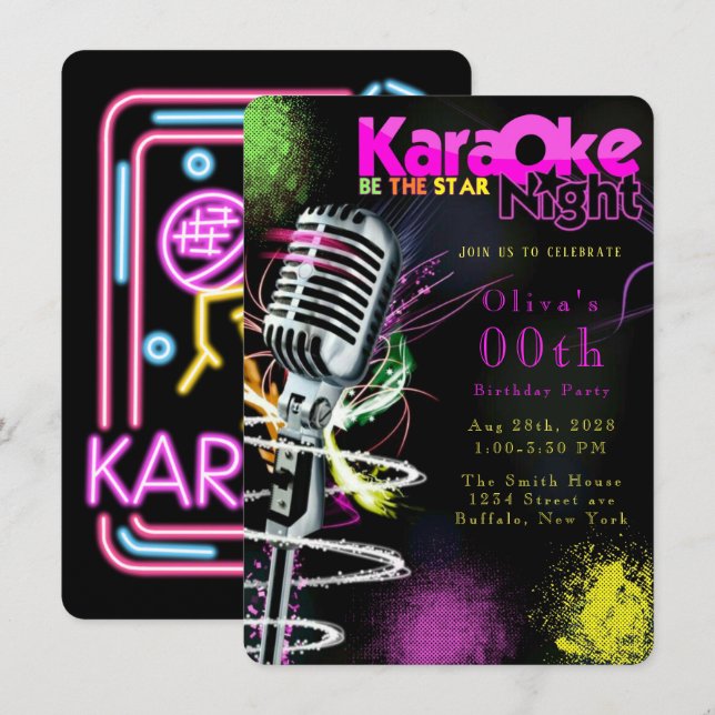 Invitación Black Karaoke rosado 00º cumpleaños (Anverso / Reverso)