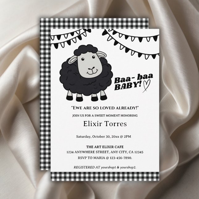 Invitación Black Kawaii Little Lamb Baby Shower (Subido por el creador)