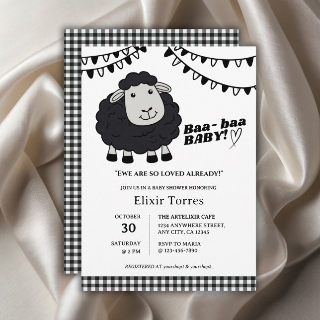 Invitación Black Kawaii Little Lamb Baby Shower (Subido por el creador)
