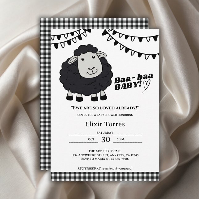 Invitación Black Kawaii Little Lamb Baby Shower (Subido por el creador)