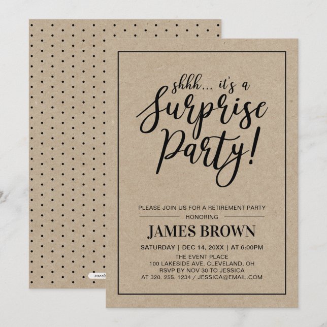 Invitación Black & Kraft | Fiesta de Jubilación Sorpresa Mode (Anverso / Reverso)