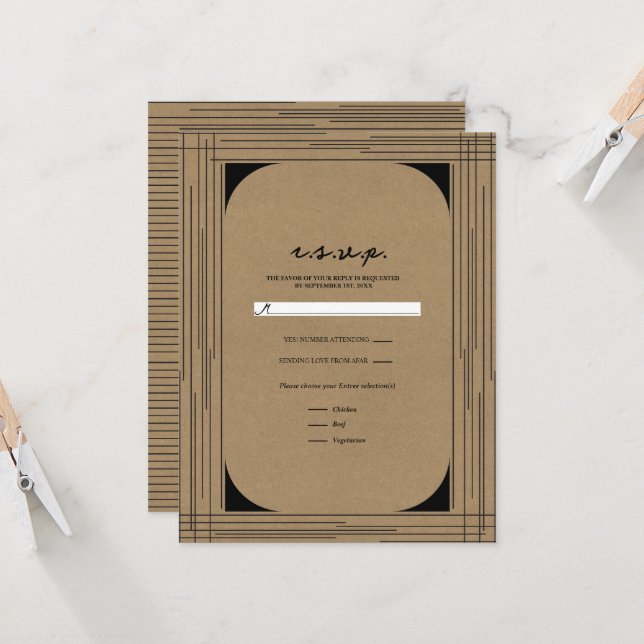 Invitación Black Kraft Minimal Modern Lines Wedding RSVP (Anverso/Reverso In Situ)