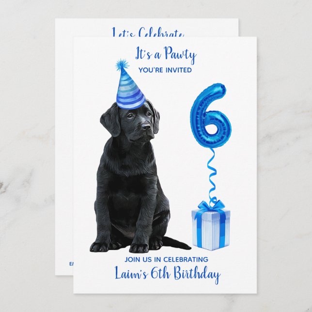 Invitación Black Lab Puppy Tema 6 cumpleaños Blue Boy Pawty (Anverso / Reverso)