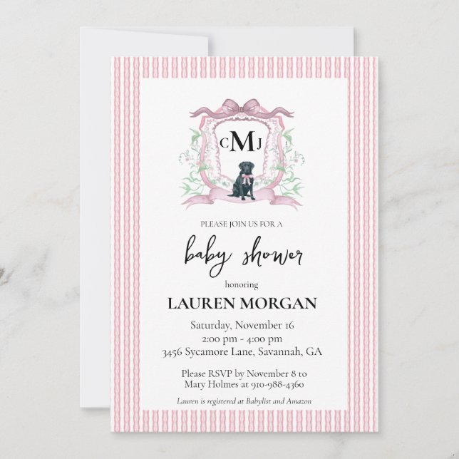 Invitación Black Labrador Monograma Baby Shower rosa (Anverso)
