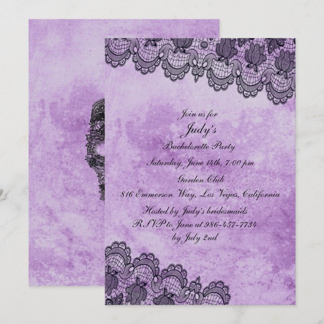Invitación Black Lace Purple Gothic Bachelorette Party (Anverso / Reverso)