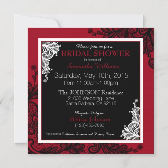 Invitación Black Lace Red Moderno Gótico Bridal Shower (Anverso)