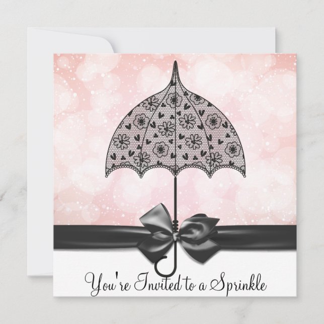 Invitación Black Lace Umbrella Pink Baby Sprinkle Baby Shower (Anverso)