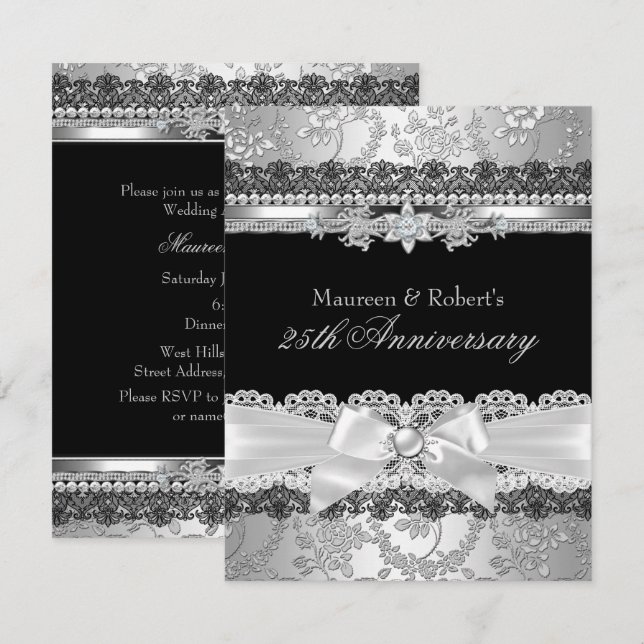 Invitación Black Lace y Silver Pearl Bow 25° aniversario (Anverso / Reverso)