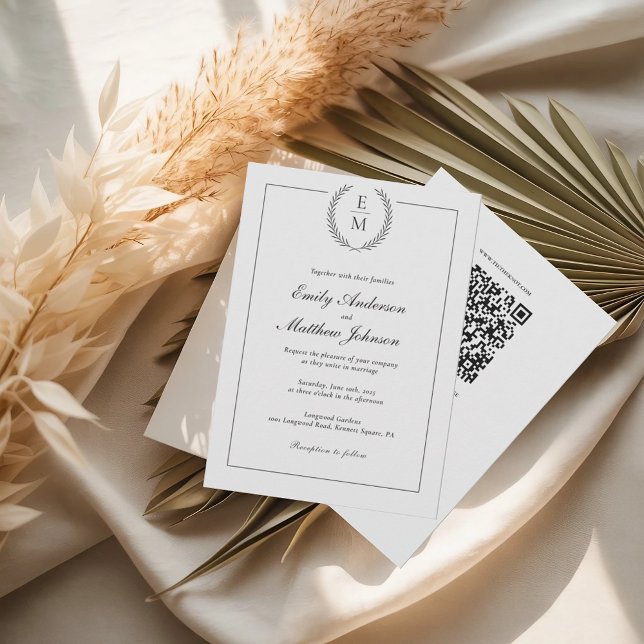 Invitación Black Laurel Monogram Wedding Invitation QR Code (Subido por el creador)