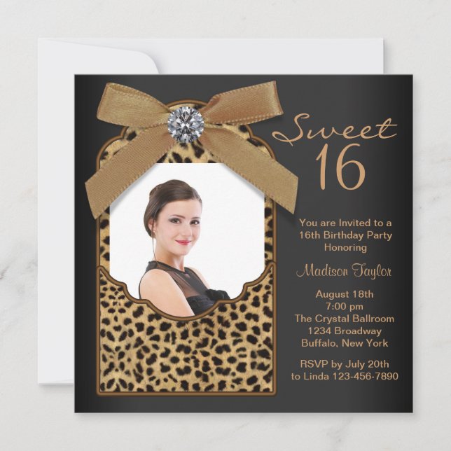 Invitación Black Leopard Photo Sweet 16 Birthday Party (Anverso)
