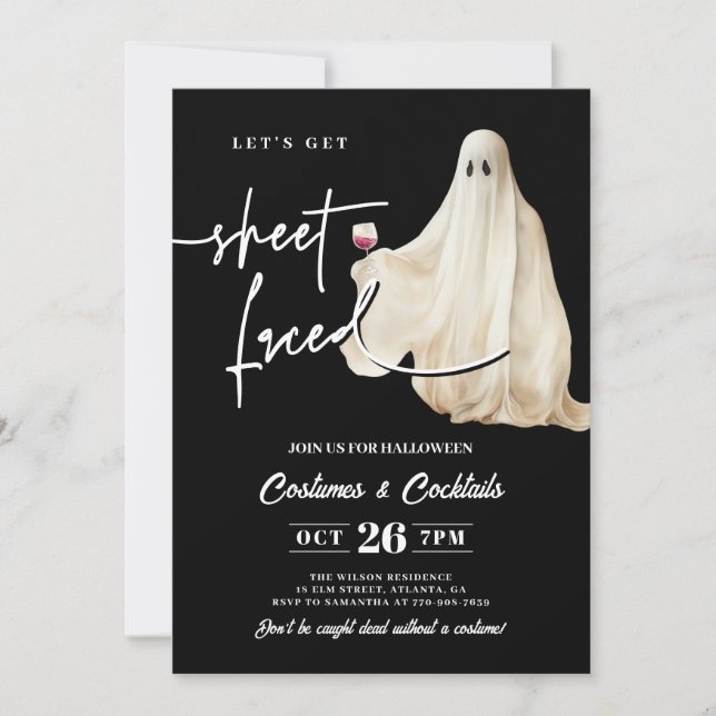 Invitación Black Let's Get Sheet Faced Funny Halloween (Anverso)