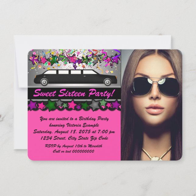 Invitación Black Limo Hot Pink Black Photo Sweet 16 Fiesta (Anverso)