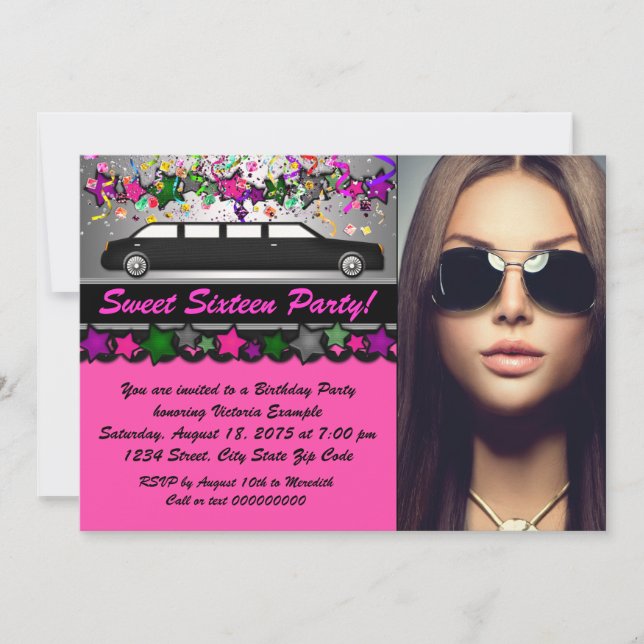 Invitación Black Limo Hot Pink Black Photo Sweet 16 Fiesta (Anverso)