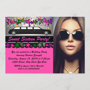 Invitación Black Limo Hot Pink Black Photo Sweet 16 Fiesta