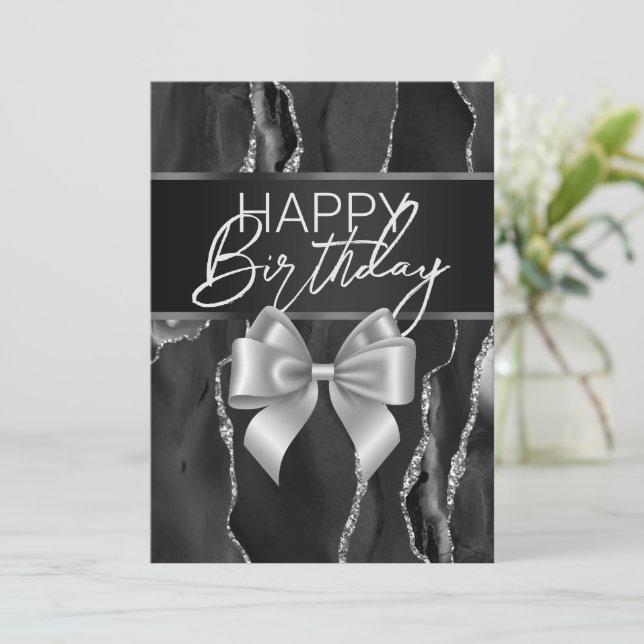 Invitación Black Marble & Bow Happy Birday Day Card (Anverso de pie)
