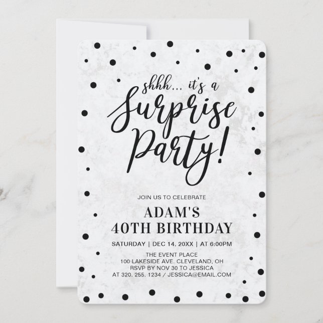 Invitación Black & Marble | Fiesta de cumpleaños moderna sorp (Anverso)