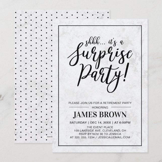 Invitación Black & Marble | Fiesta de Jubilación Sorpresa Mod (Anverso / Reverso)