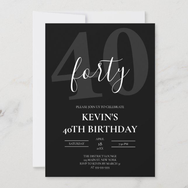 Invitación Black Masculine 40th Milestone Birthday (Anverso)