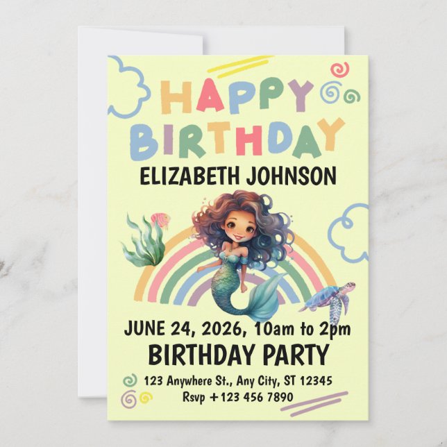Invitación Black Mermaid Birthday Invitation in Yellow (Anverso)