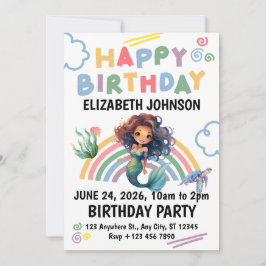 Invitación Black Mermaid Birthday Party Invitation in White