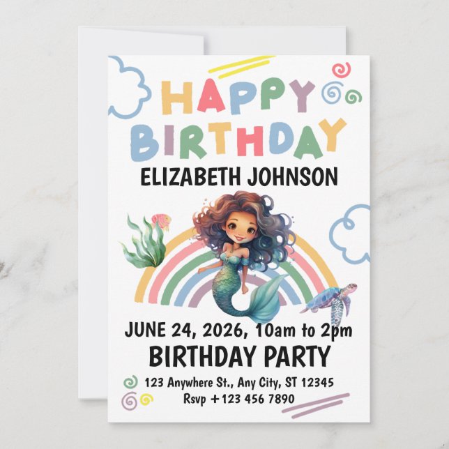 Invitación Black Mermaid Birthday Party Invitation in White (Anverso)
