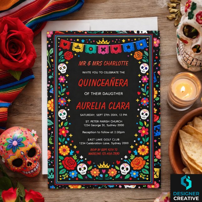 Invitación Black Mexican Fiesta Floral Gold Tiara Quinceañera (Black Mexican Fiesta Floral Gold Tiara Quinceañera )