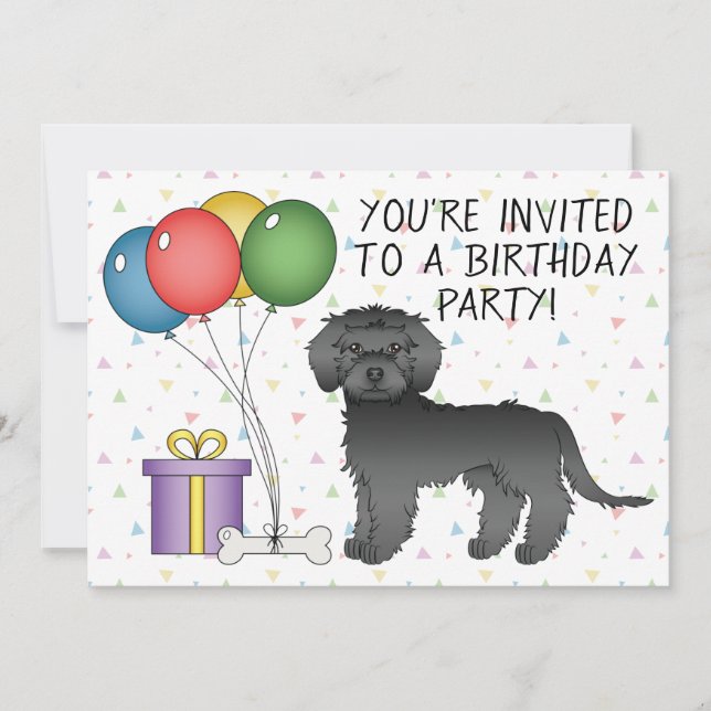 Invitación Black Mini Goldendoodle Cute Cartog Dog Cumpleaños (Anverso)