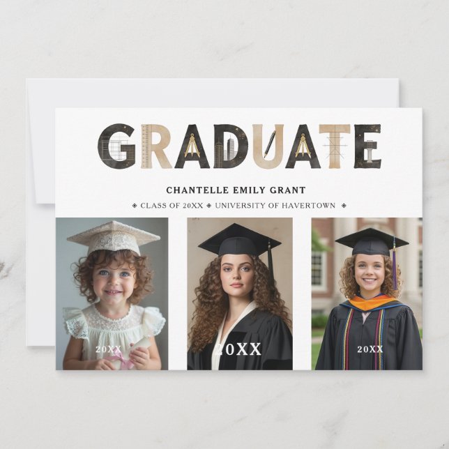 Invitación Black Modern Architecture Grad 3-Photo Timeline (Anverso)