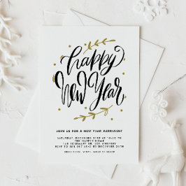 Invitación Black Modern Calligraphy and Wreath New Year Party