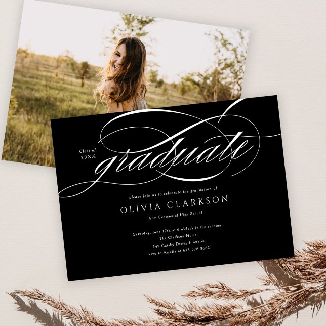 Invitación Black Modern Elegant Script Photo Graduation Party (Subido por el creador)