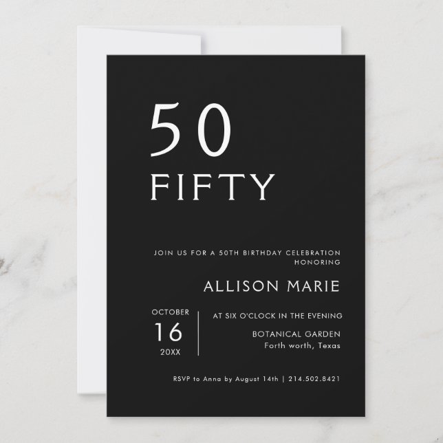 Invitación Black Modern Fifty 50th Birthday Party (Anverso)