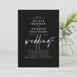 Invitación Black Modern Minimalist Heart Typography Wedding