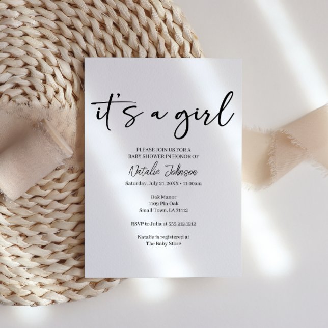 Invitación Black Modern Simple Script Girl Baby (Subido por el creador)